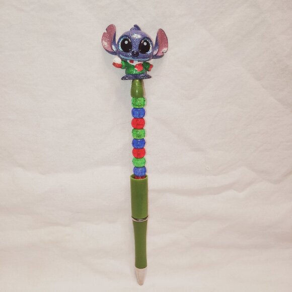 Disney Doorable- Glitter Christmas Stitch- Handmade Beaded Pen  Lilo and Stitch - Picture 1 of 2